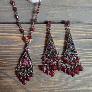 1928 Elegant Red Chandelier Necklace and Earring Set Ruby Color